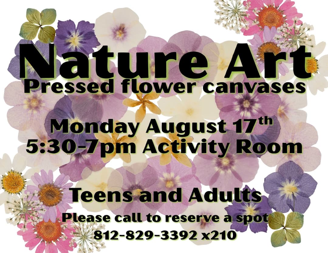 flyer for the nature art program showing colorful pressed flowers