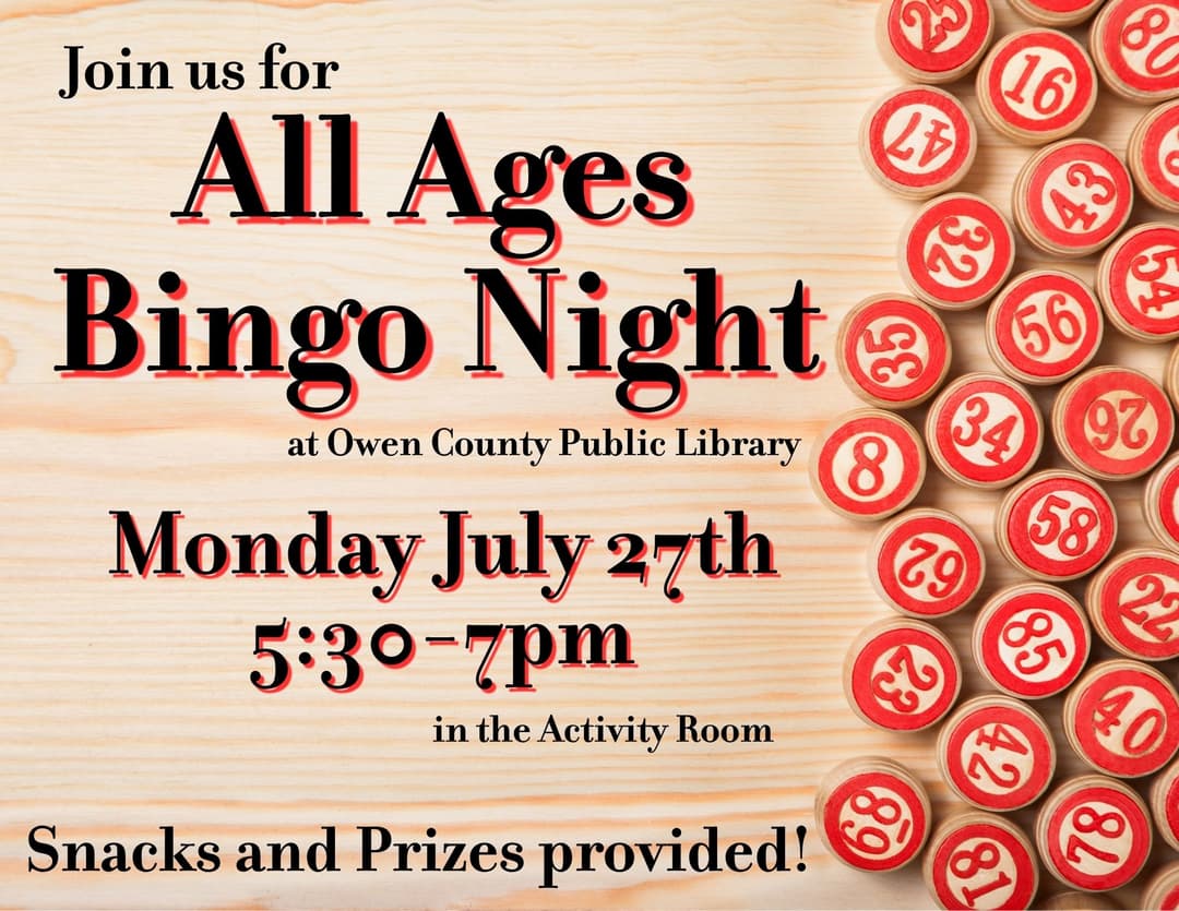 a flyer for bingo night with a lot of bingo pieces laid out. 