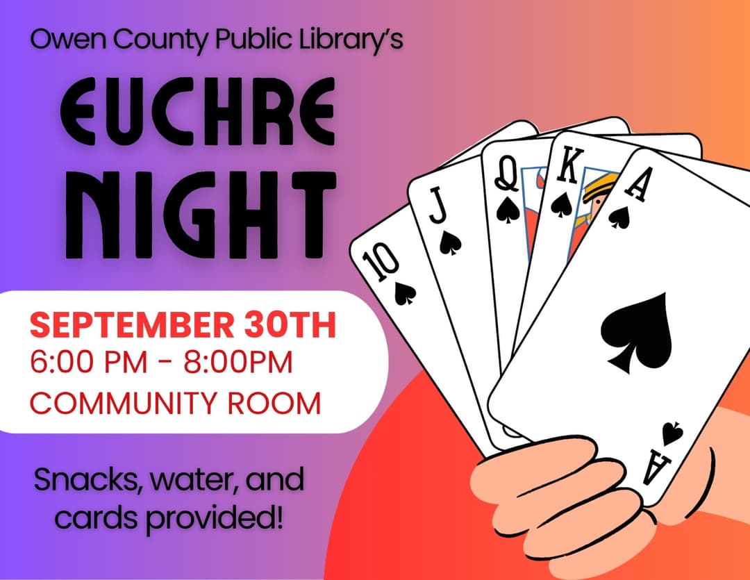 Flyer show someone holding a handful of playing cards. Adult euchre night. 