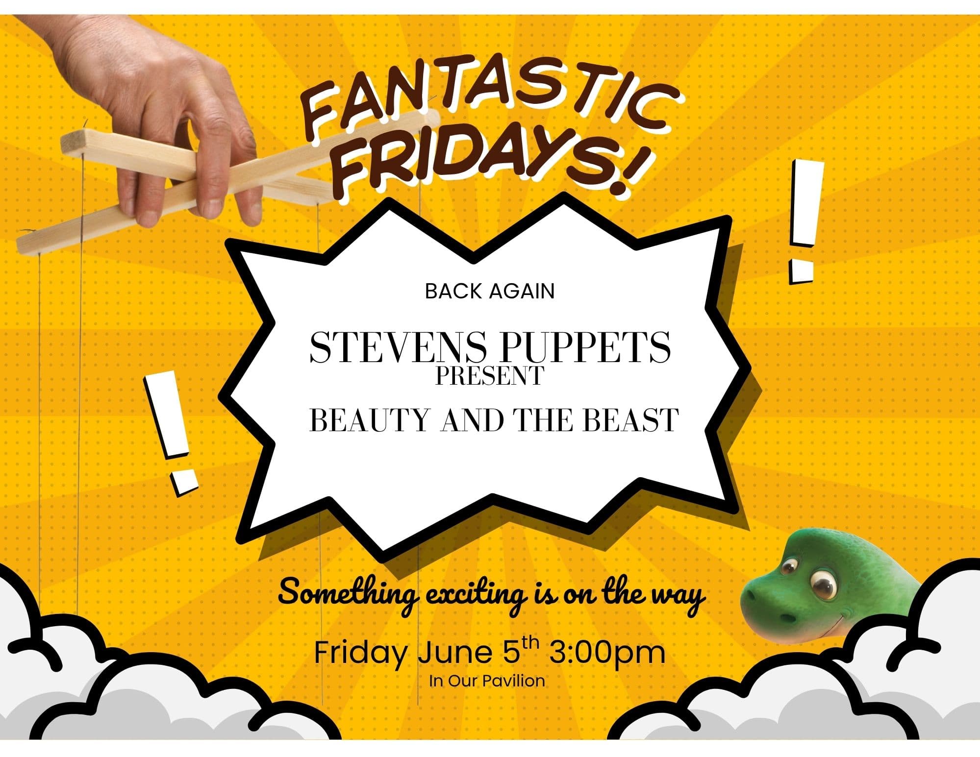 A flyer for Stevens Puppets Present Beauty and the Beast. There is a hand holding marionette strings. 