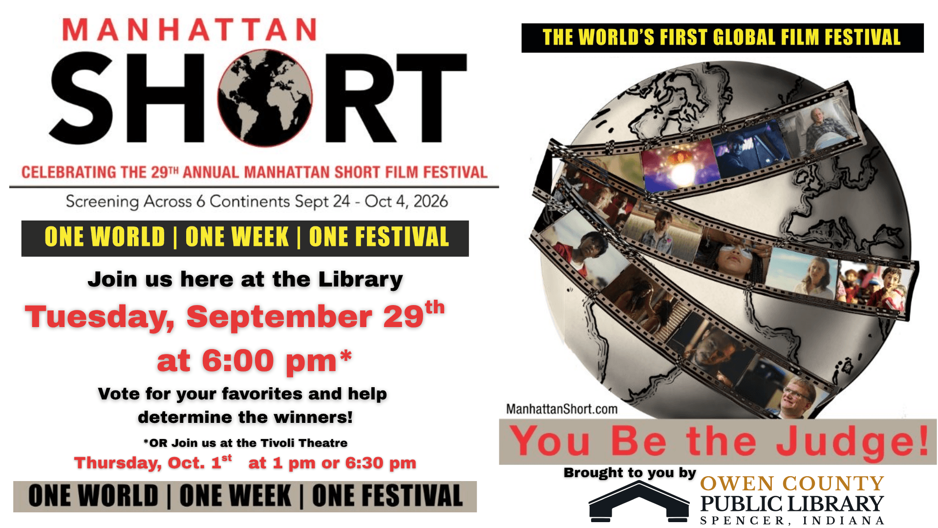 flyer showing information about the event with a photo of a globe crisscrossed by film strips featuring stills from this year's finalists