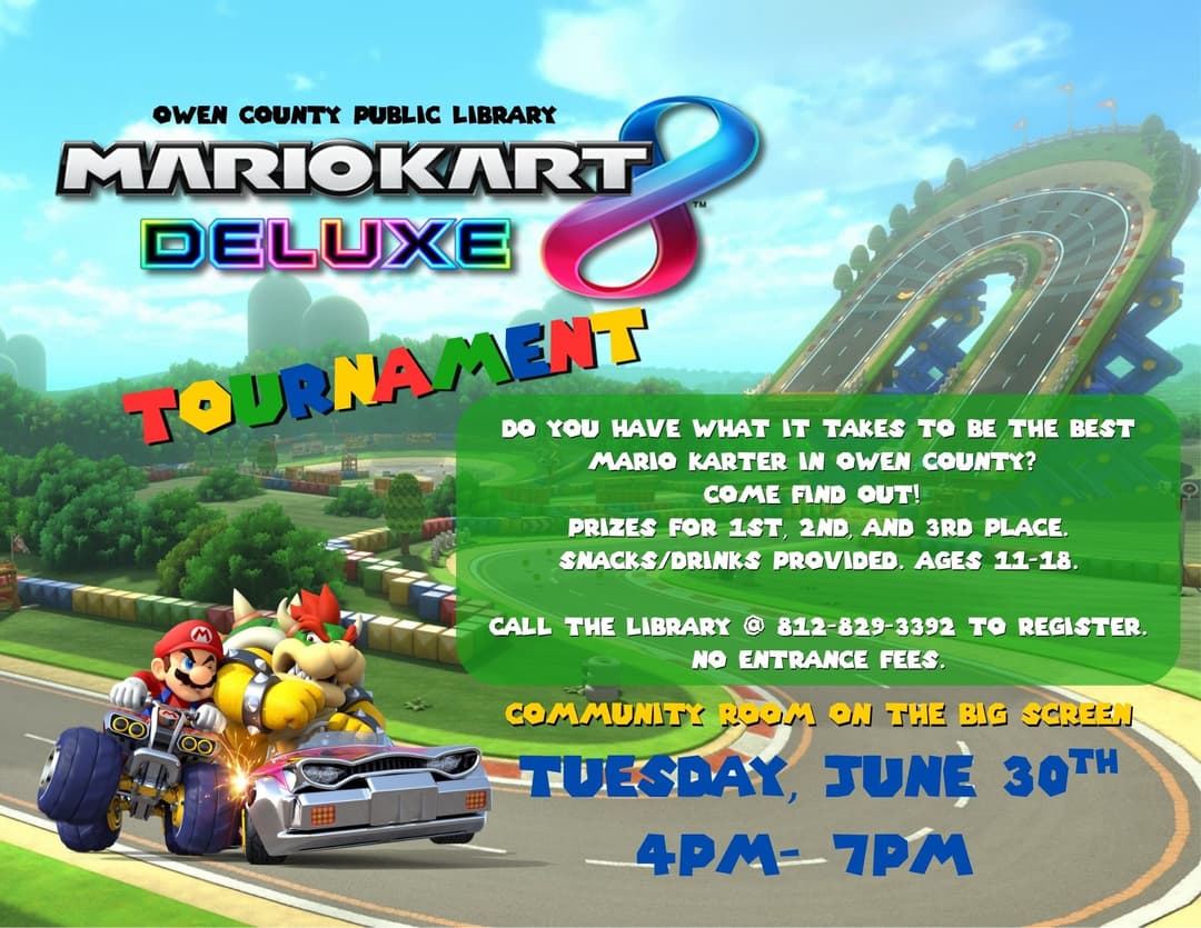 A colorful flyer showing a scene from the game Mario Kart. 