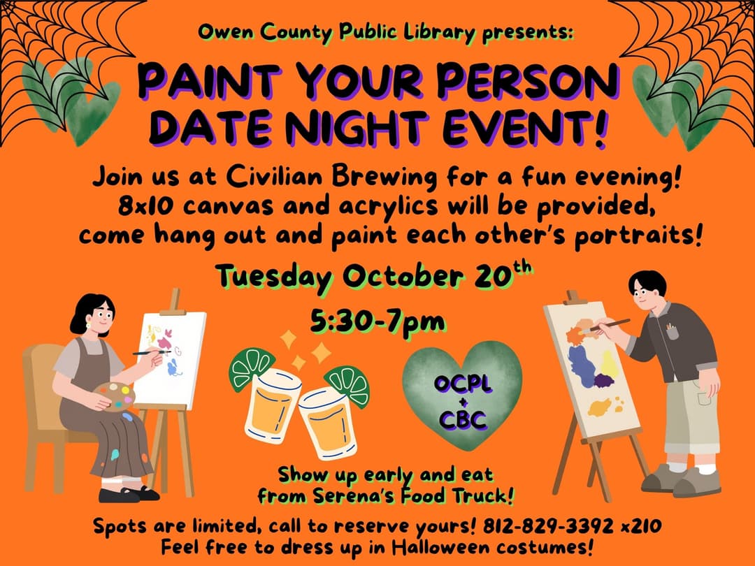 flyer with information about this event featuring artwork depicting two people painting 