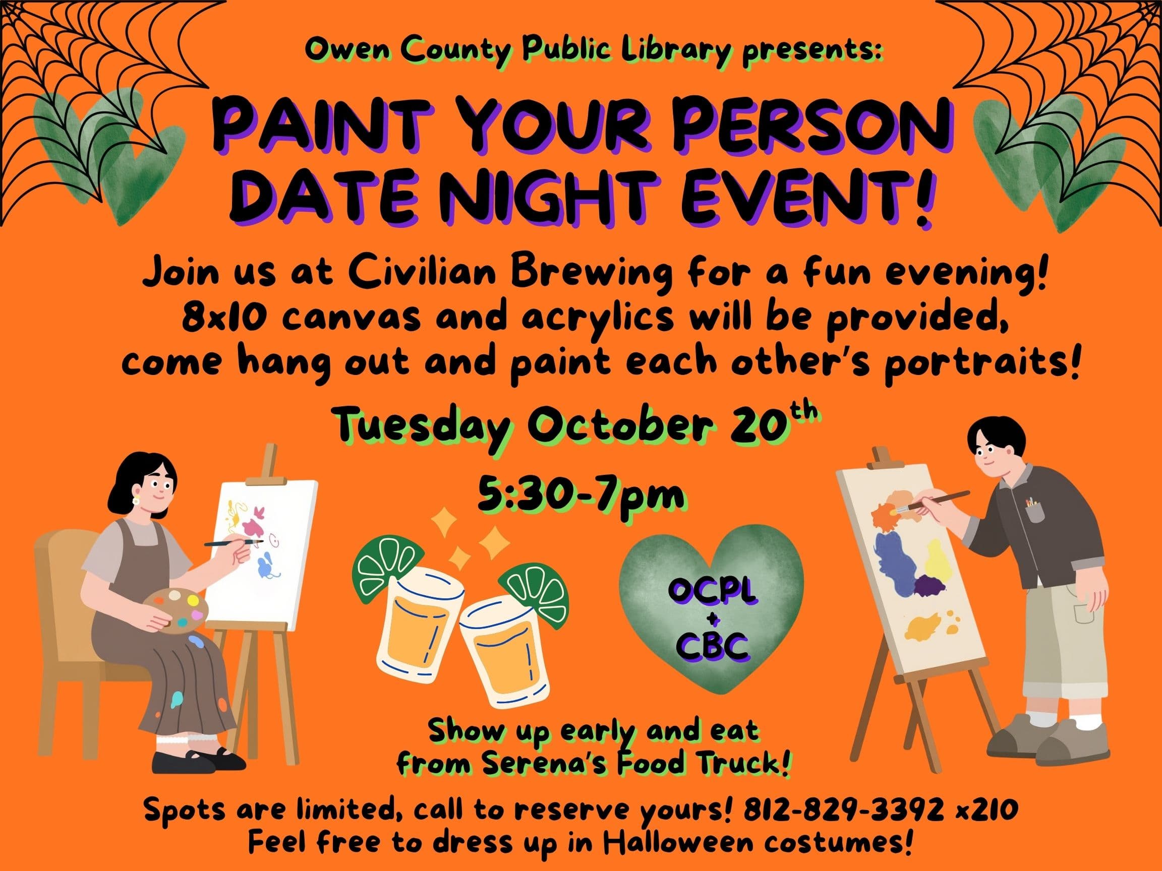 flyer with information about this event featuring artwork depicting two people painting 