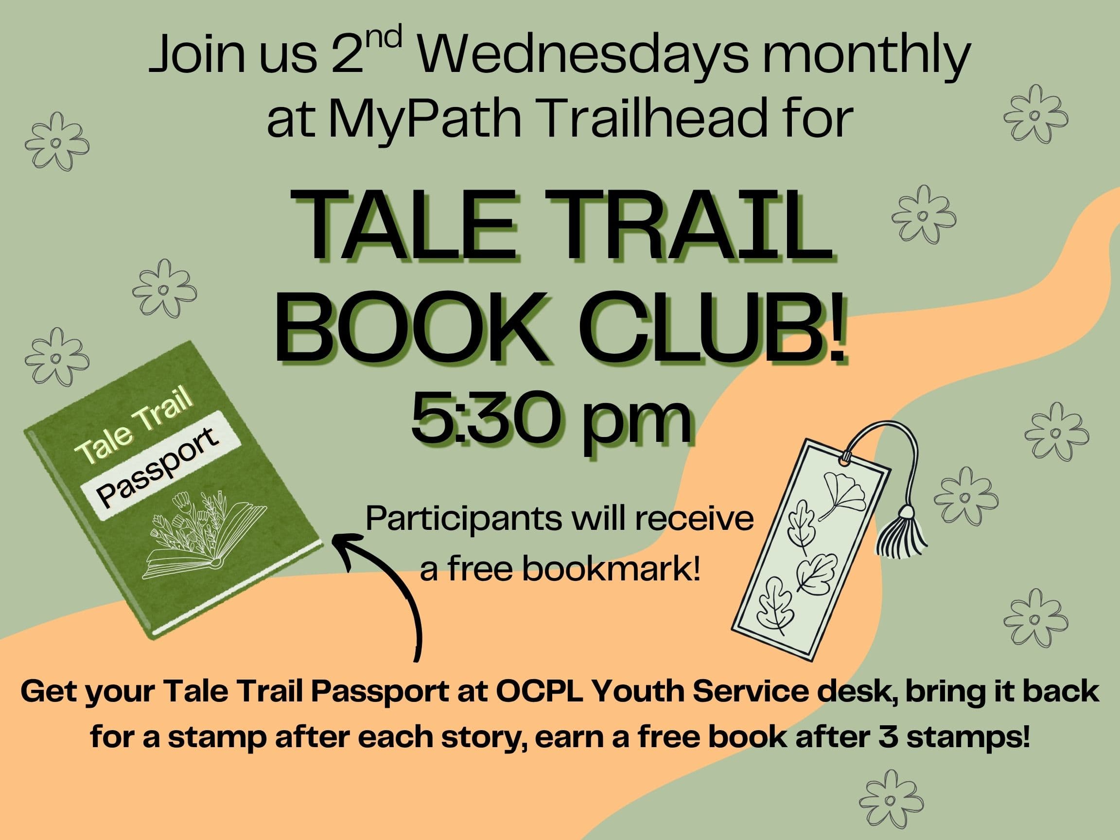 flyer for Tale Trail Book club. A green background with a drawing of a trail. 