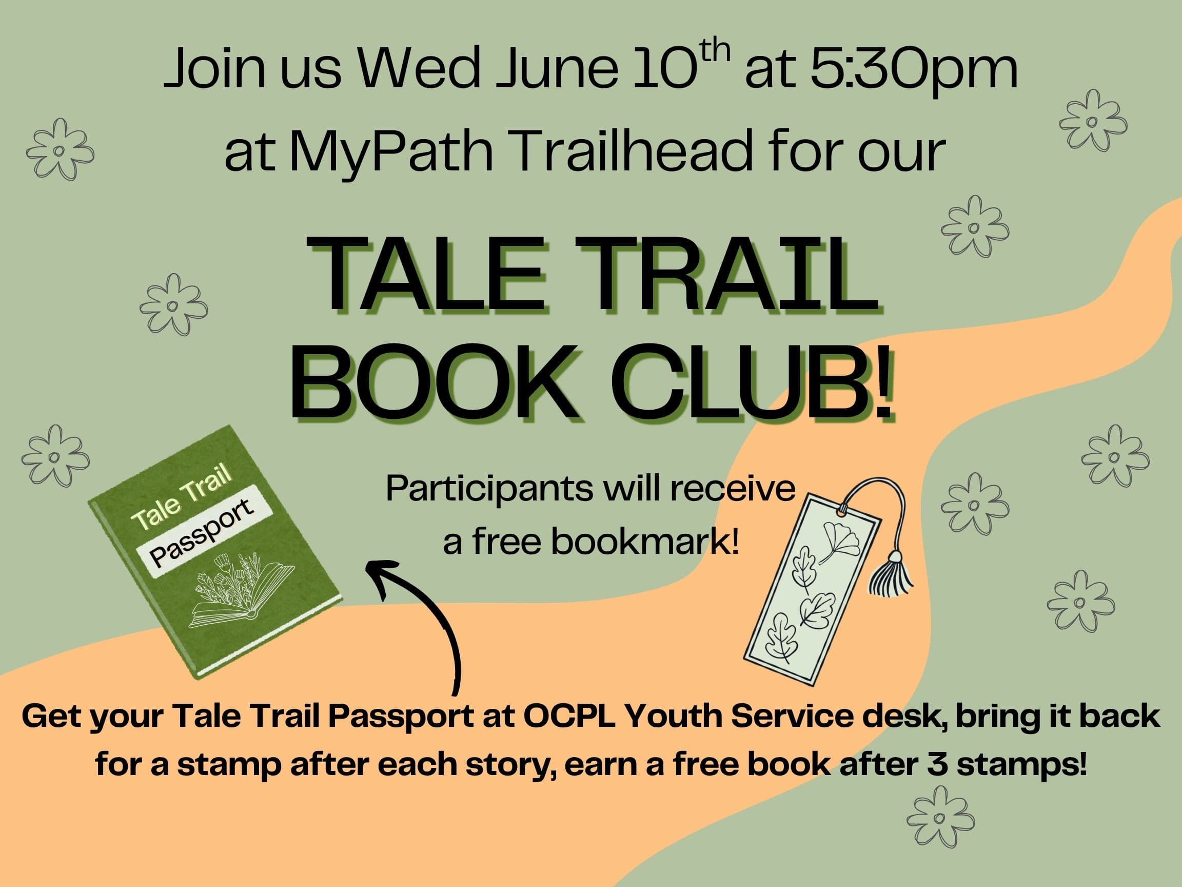 Flyer for the Tale Trail Book Club for June 10th. Showing a drawing of a book and a trail. 