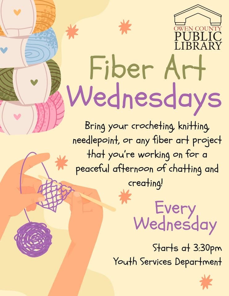 Pastel illustrated flyer for Fiber Art Wednesdays at OCPL: stack of yarn balls, hands crocheting a heart shape. Text: "Fiber Art Wednesdays — bring your crocheting, knitting, needlepoint, or any fiber art project. Every Wednesday, starts at 3:30pm, Youth Services Department."