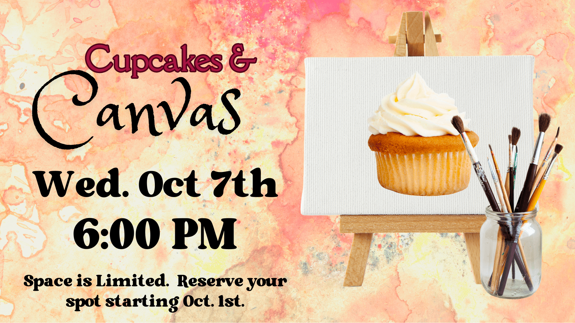 image shows a picture of a cupcake on a canvas supported by an easel. 