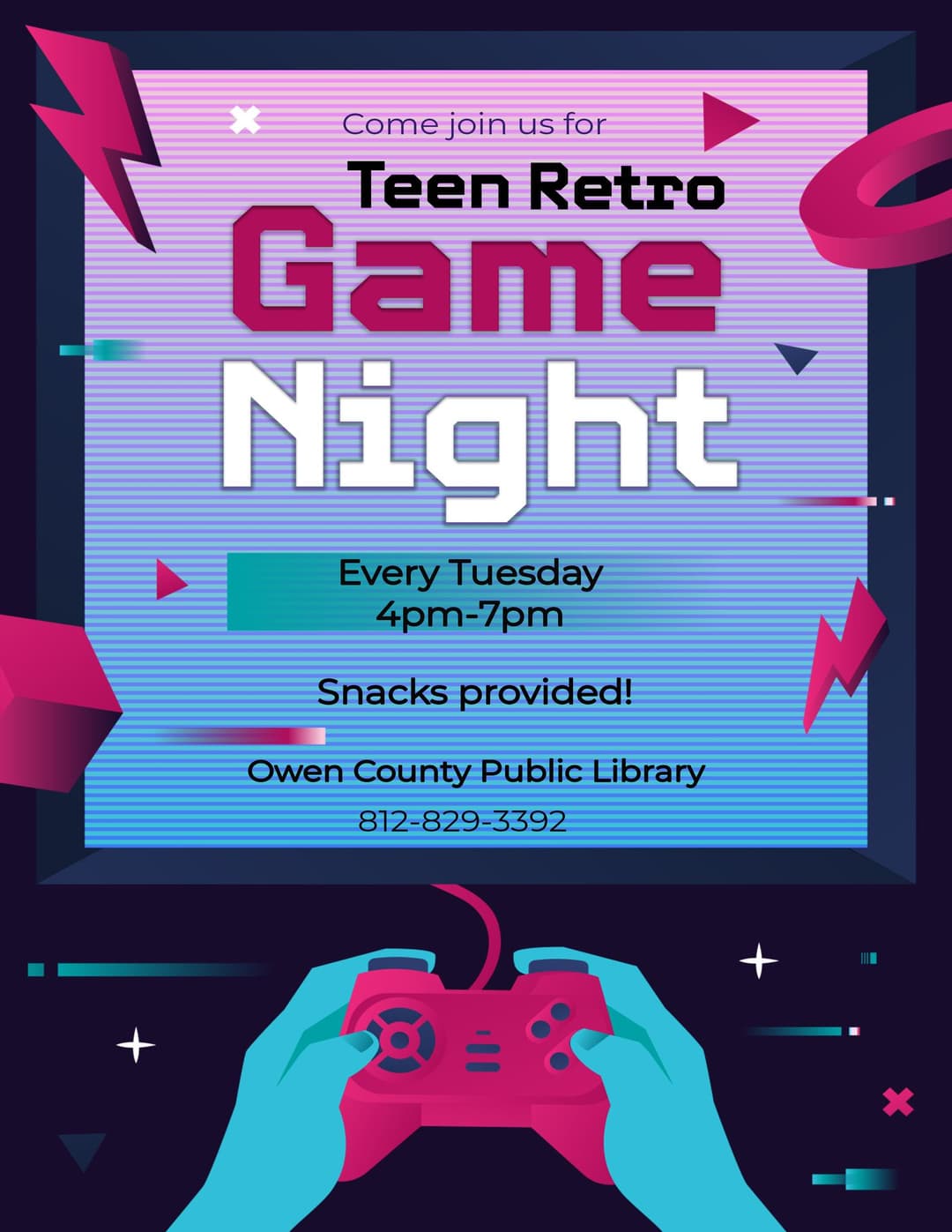 Colorful flyer for Teen Retro Game Night featuring hands holding a game controller. Text reads "Come join us for Teen Retro Game Night, Every Tuesday 4pm-7pm, Snacks provided! Owen County Public Library".