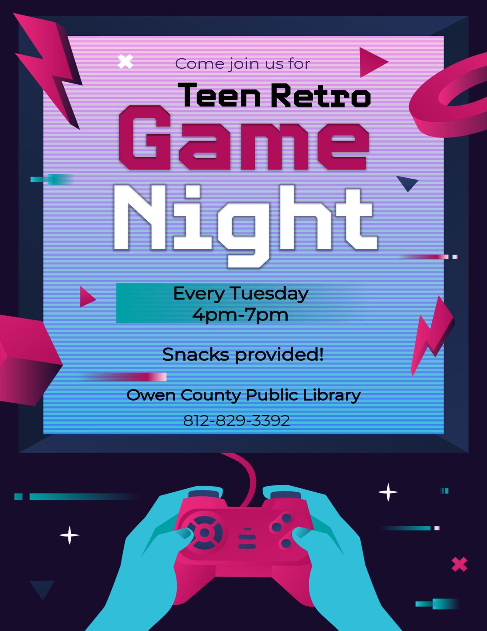 Colorful flyer for Teen Retro Game Night featuring hands holding a game controller. Text reads "Come join us for Teen Retro Game Night, Every Tuesday 4pm-7pm, Snacks provided! Owen County Public Library".