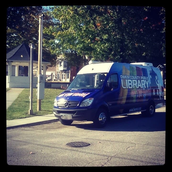 The Bookmobile parked at a community event in downtown Spencer.