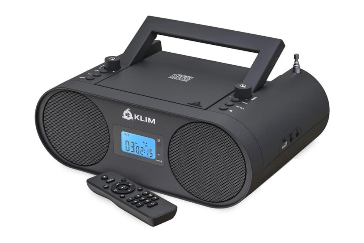 Black KLIM boombox CD player with a blue display and a remote control