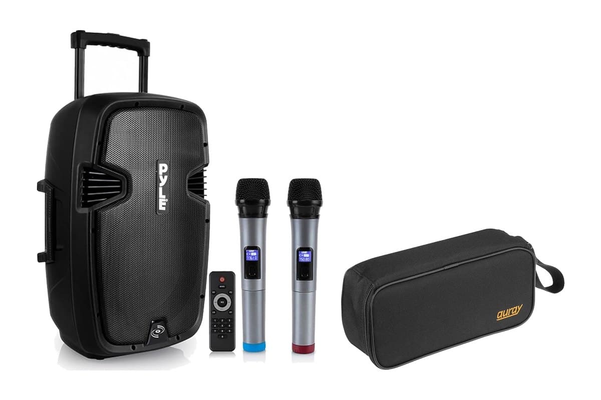 Tall black Pyle PA speaker on wheels with two wireless microphones, a remote, and a black microphone case