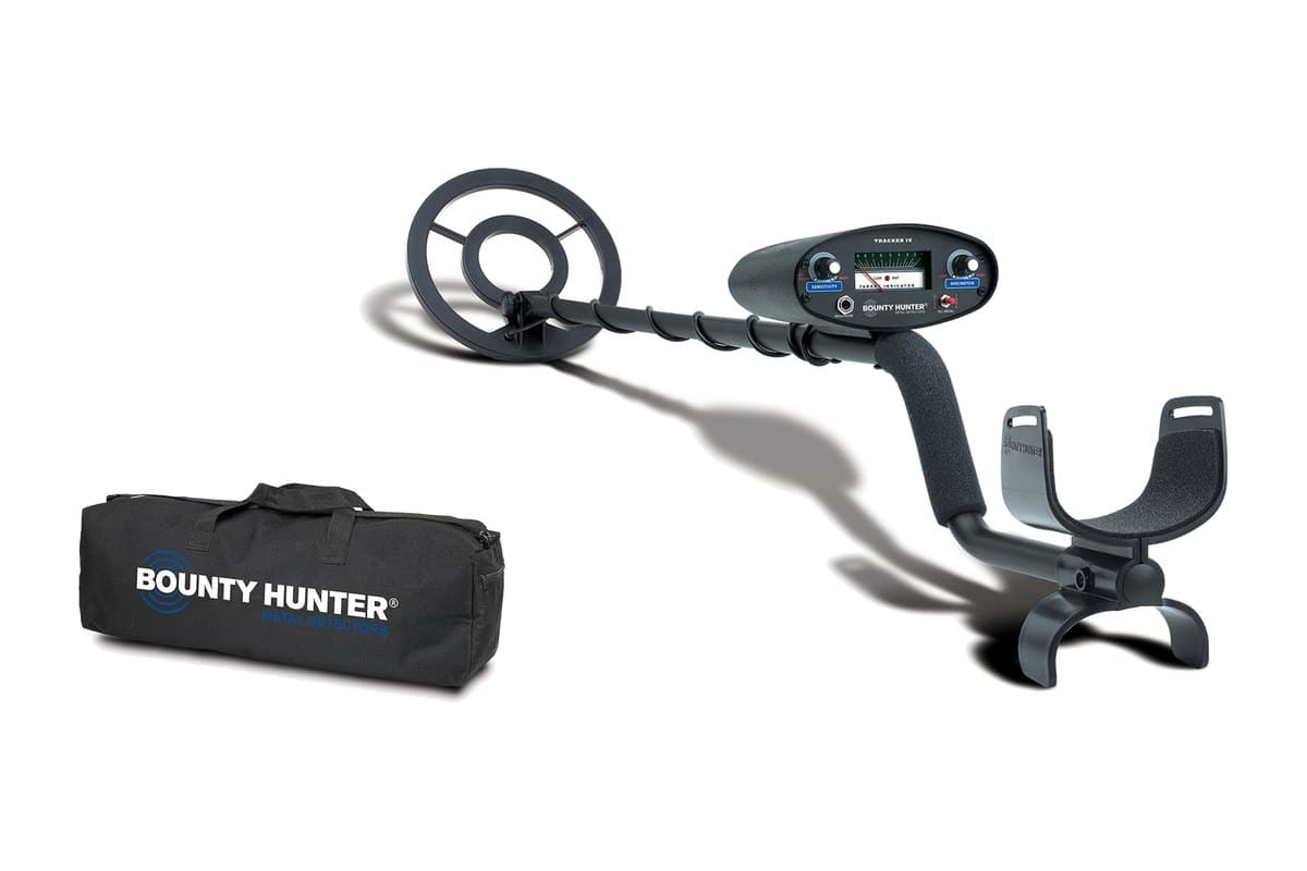 Bounty Hunter metal detector next to its black carrying bag