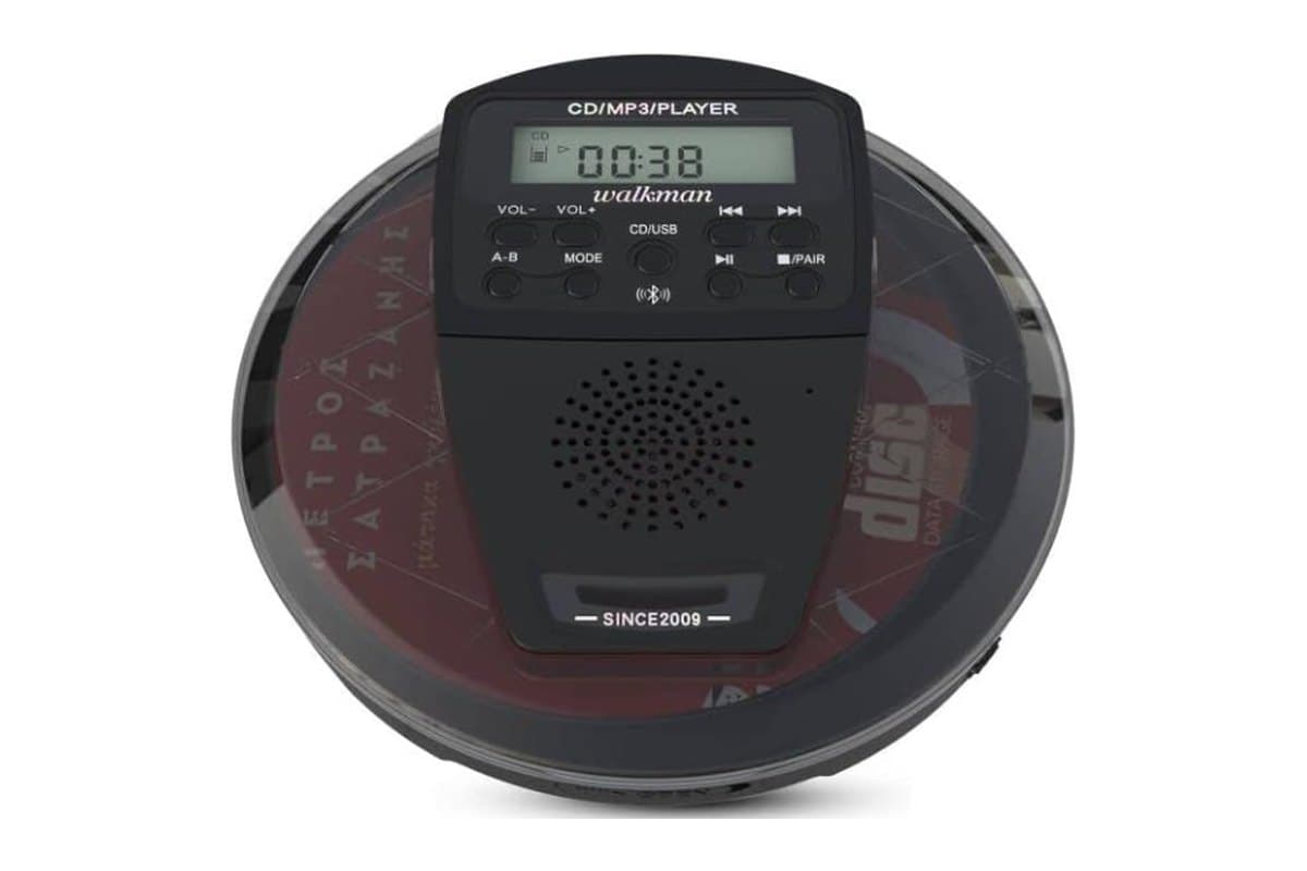 Round black portable Walkman CD player with a display